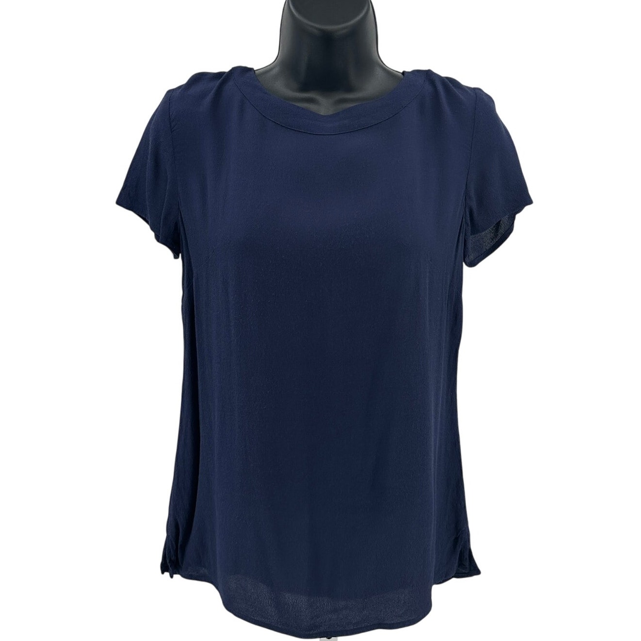 Banana Republic Blouse Wmns 2 Navy Blue Short Sleeve Back Zip Round Neck Casual